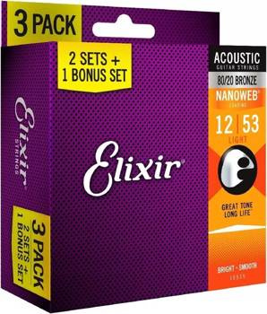 Elixir 16539 Nanoweb Light Set 12-53 3PACK - Struny do gitary akustycznej