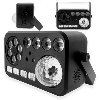 LIGHT4ME PARTY V multiefekt świetlny LED RGBW-UV 6w1 efekt Bee Eye biały stroboskop UV Water Wave par 2x laser R/G oświetlenie DJ klubowe dyskotekowe